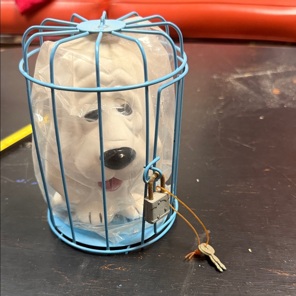 Vintage Coin Bank Dog Figurine in Blue Cage with Lock